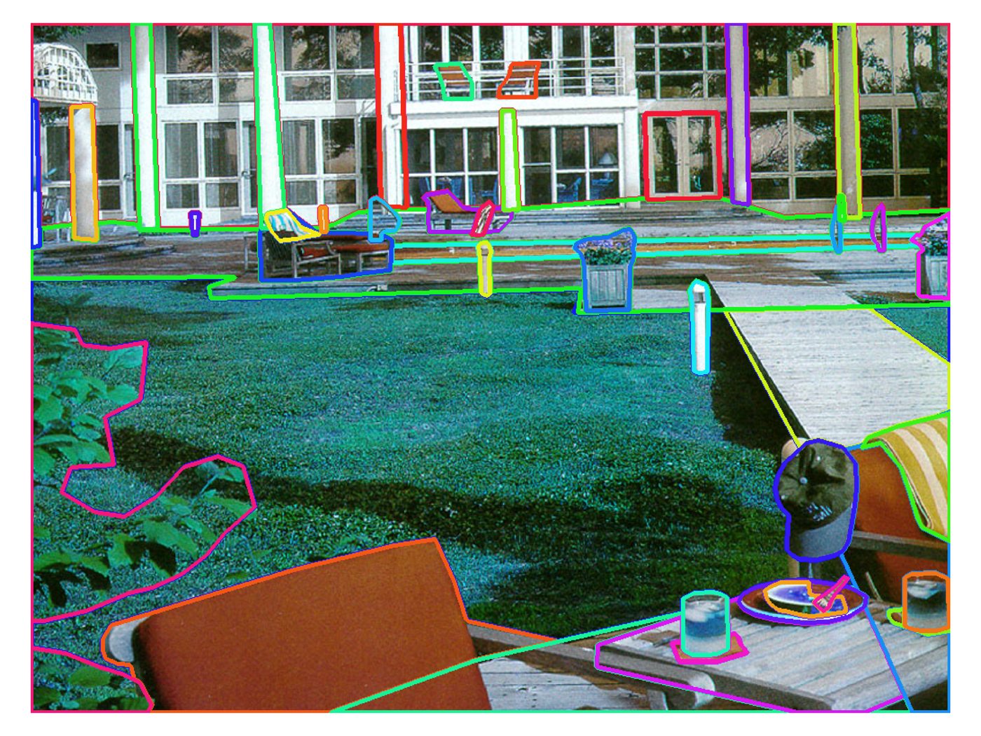 A backyard scene with every object outlined in a different color